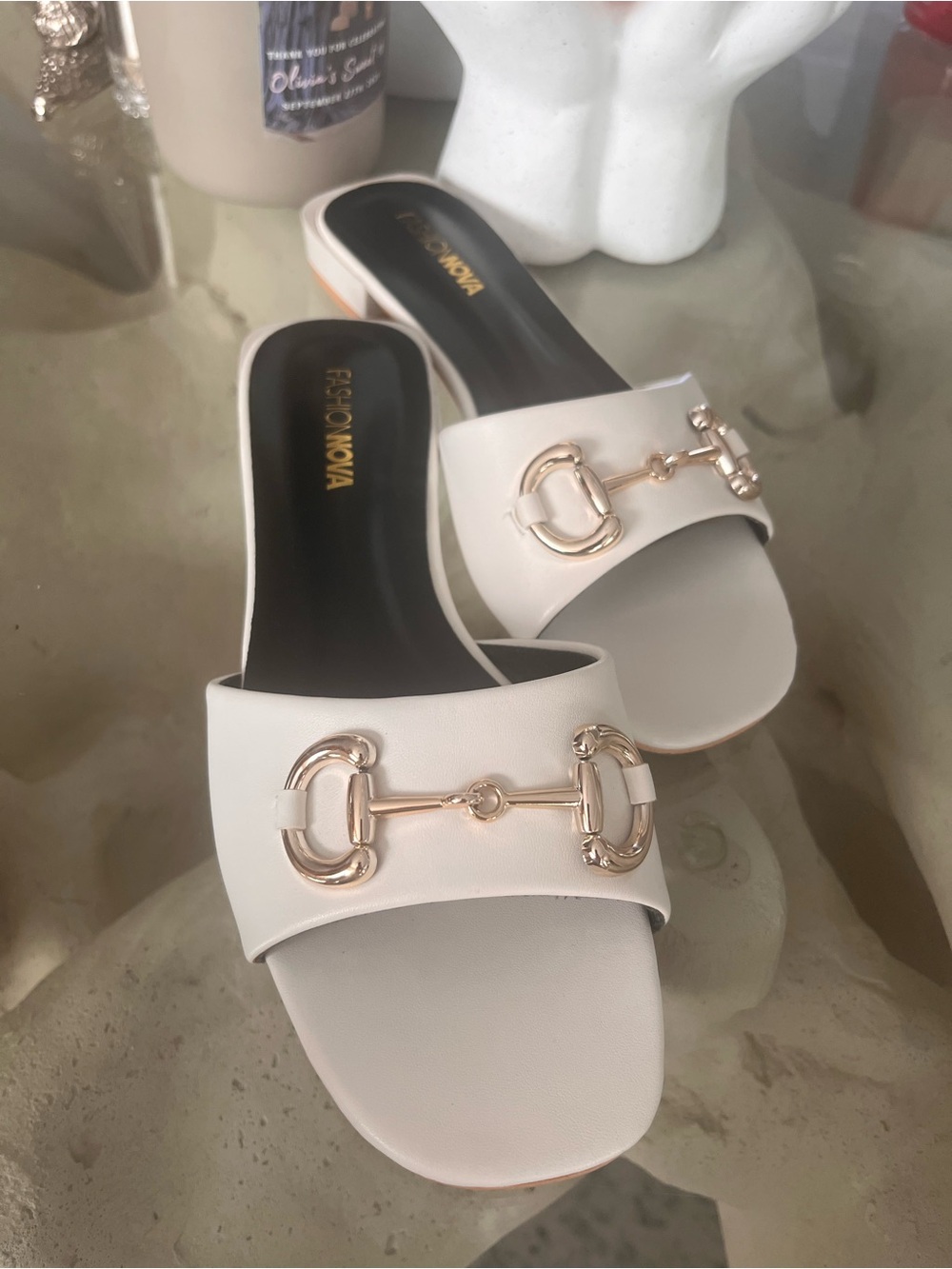 Fashion Nova Gucci like White Slide Mules with Gold Horsebit Accent 37